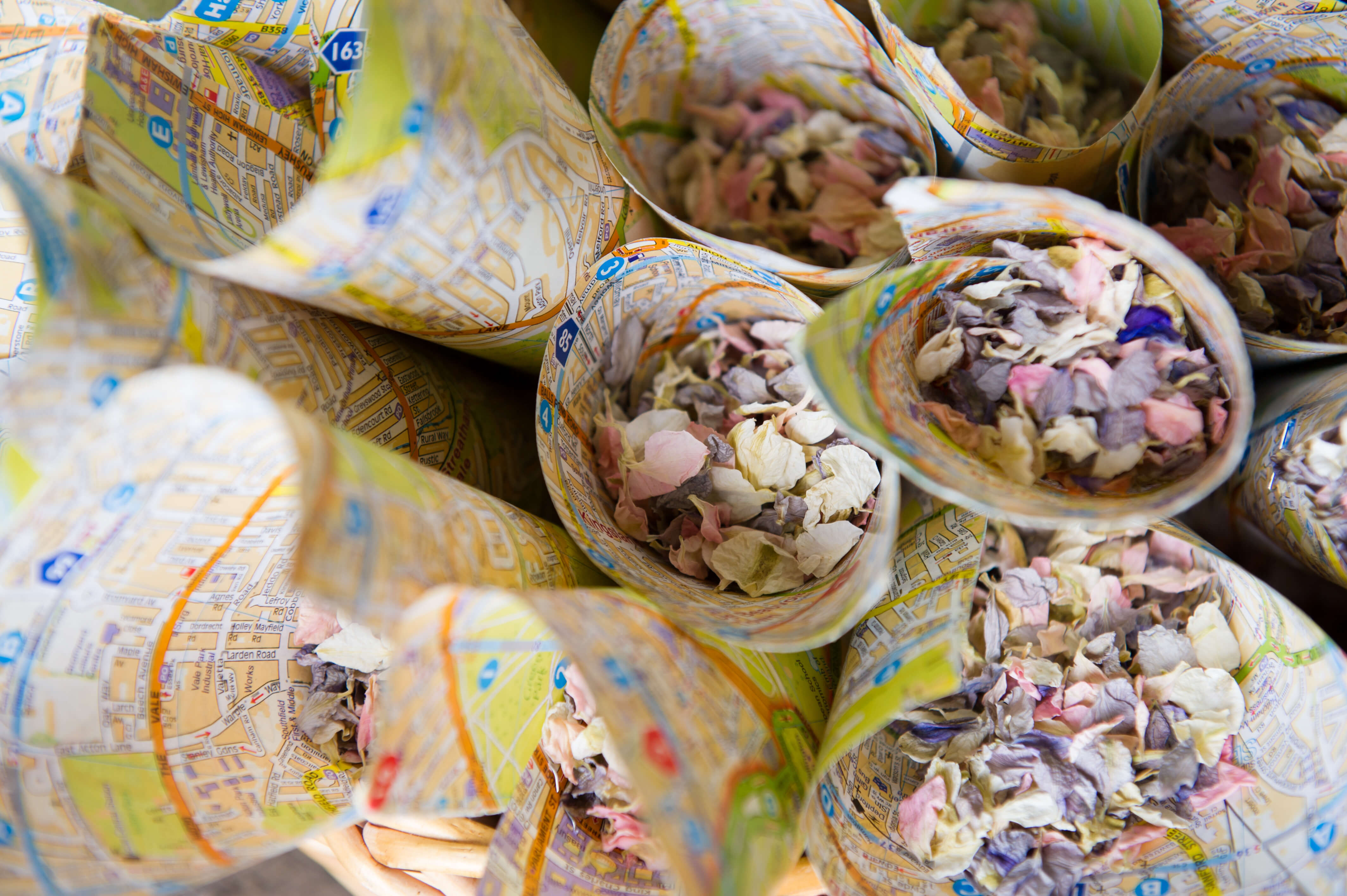confetti in cones made out of london maps