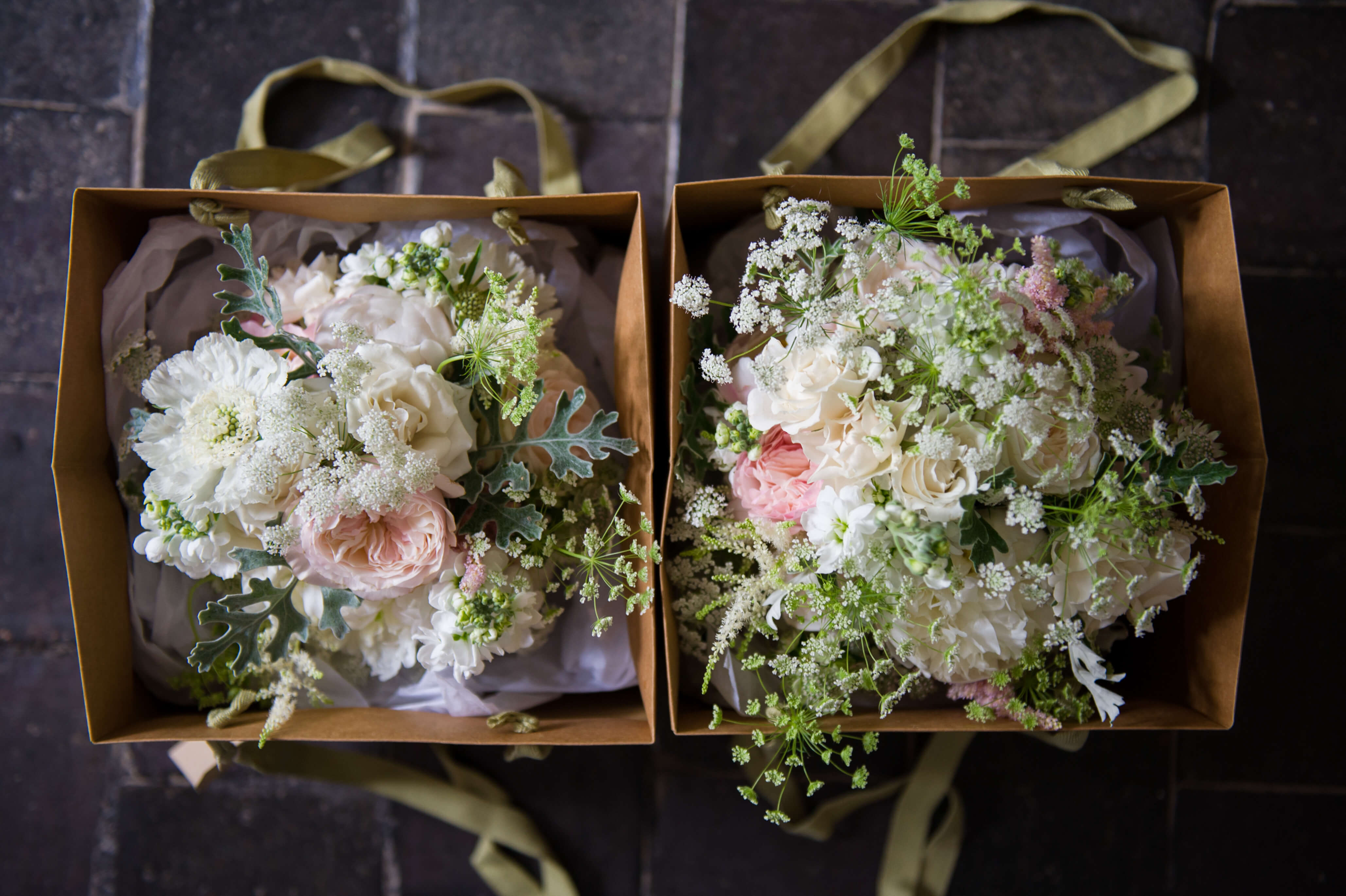 peony and cow parsley bridal bouquets in paper bags