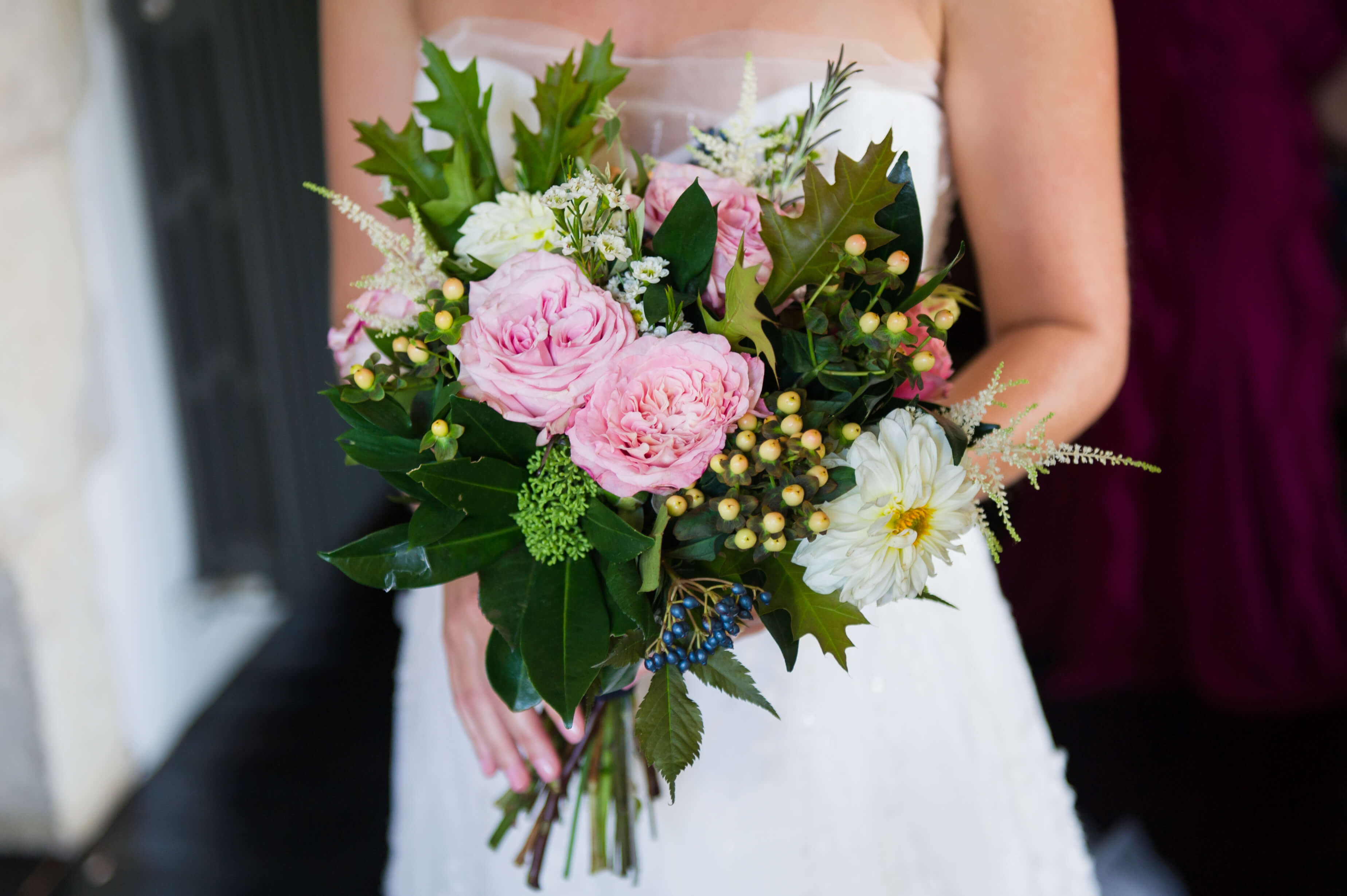 autumnal bridal bouquet with peonies berries and ivy