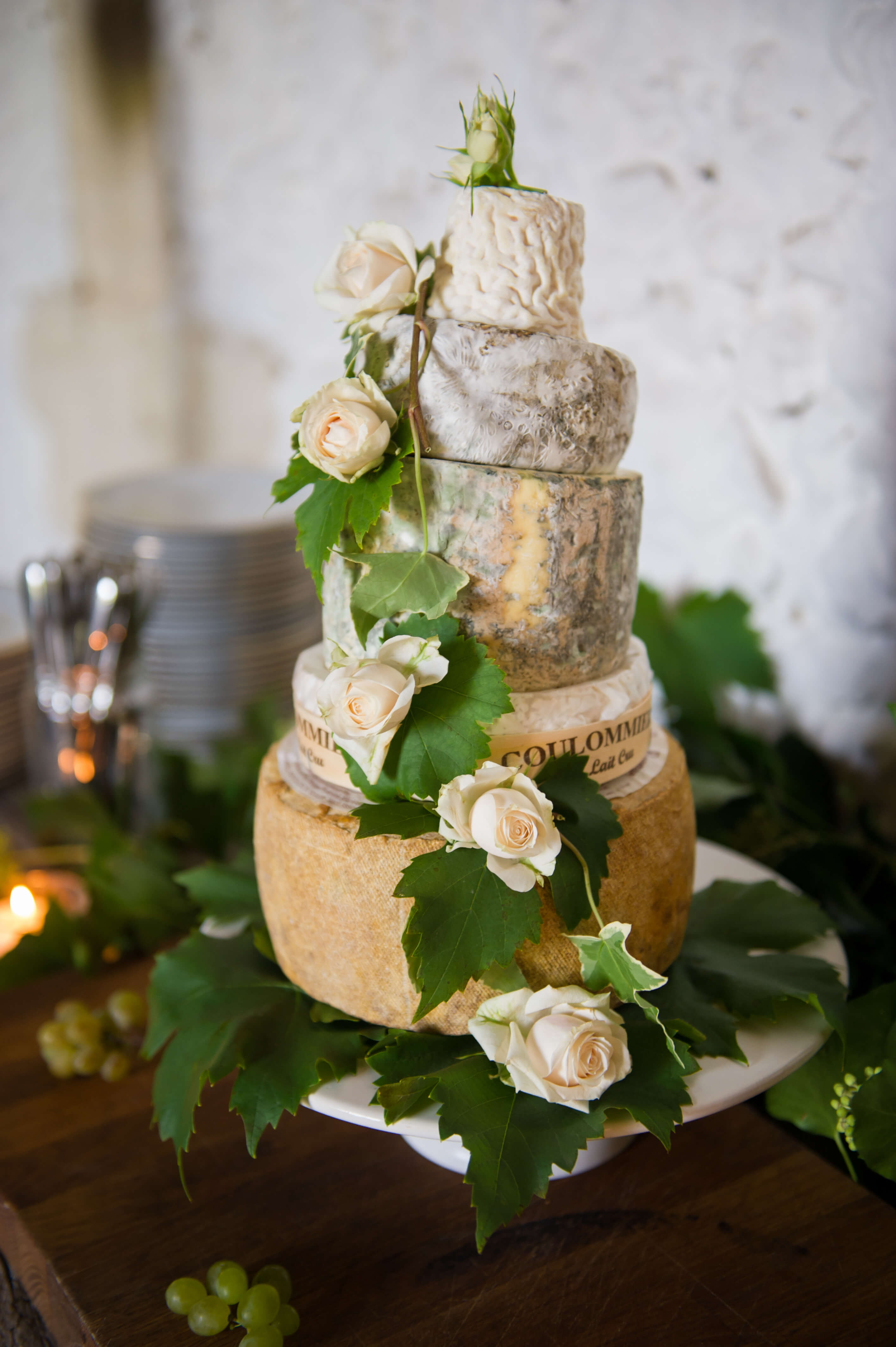 wedding cheese cake decorated with roses and ivy