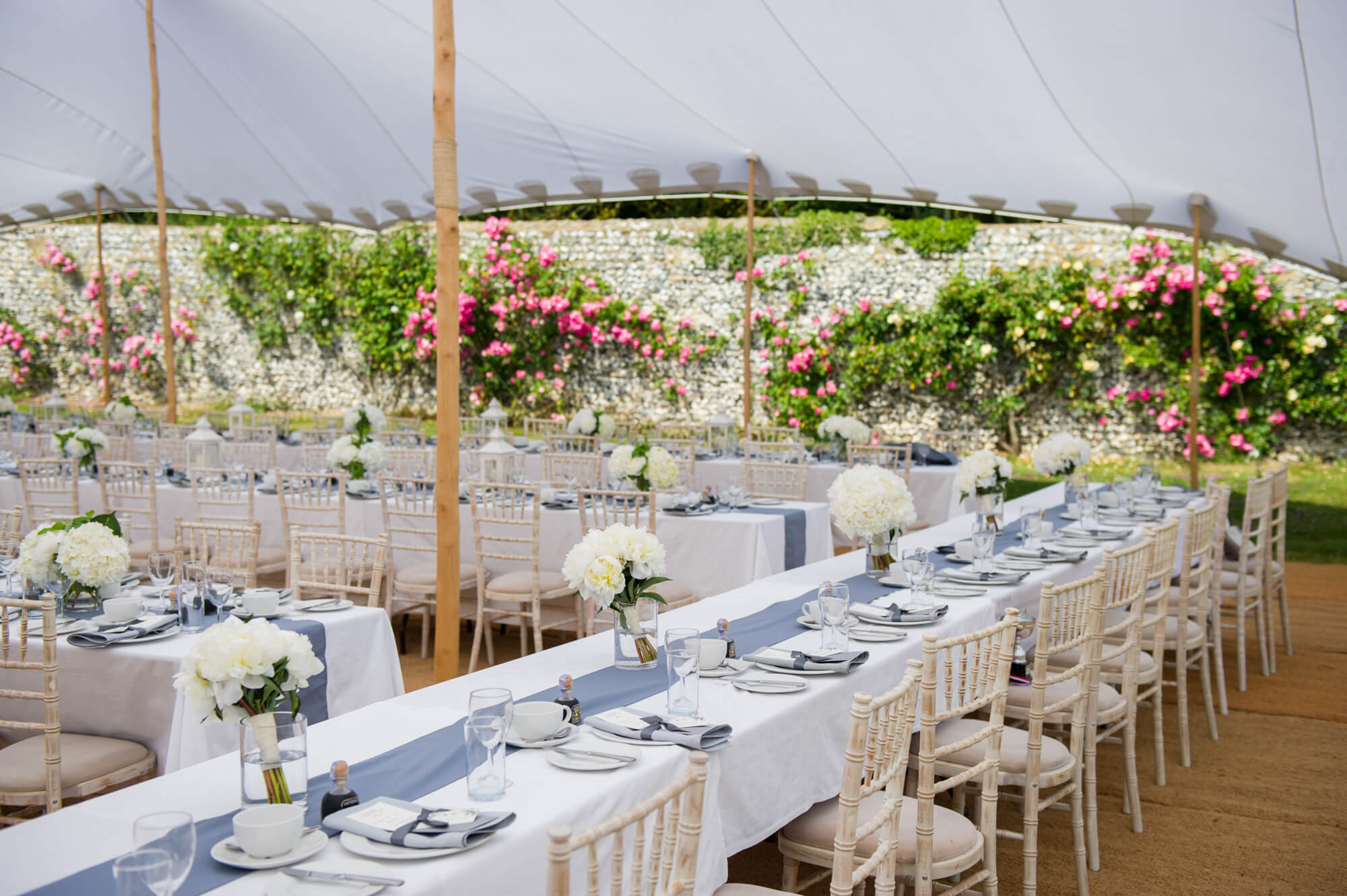 A marquee at Birling Manor dressed and ready for a wedding 