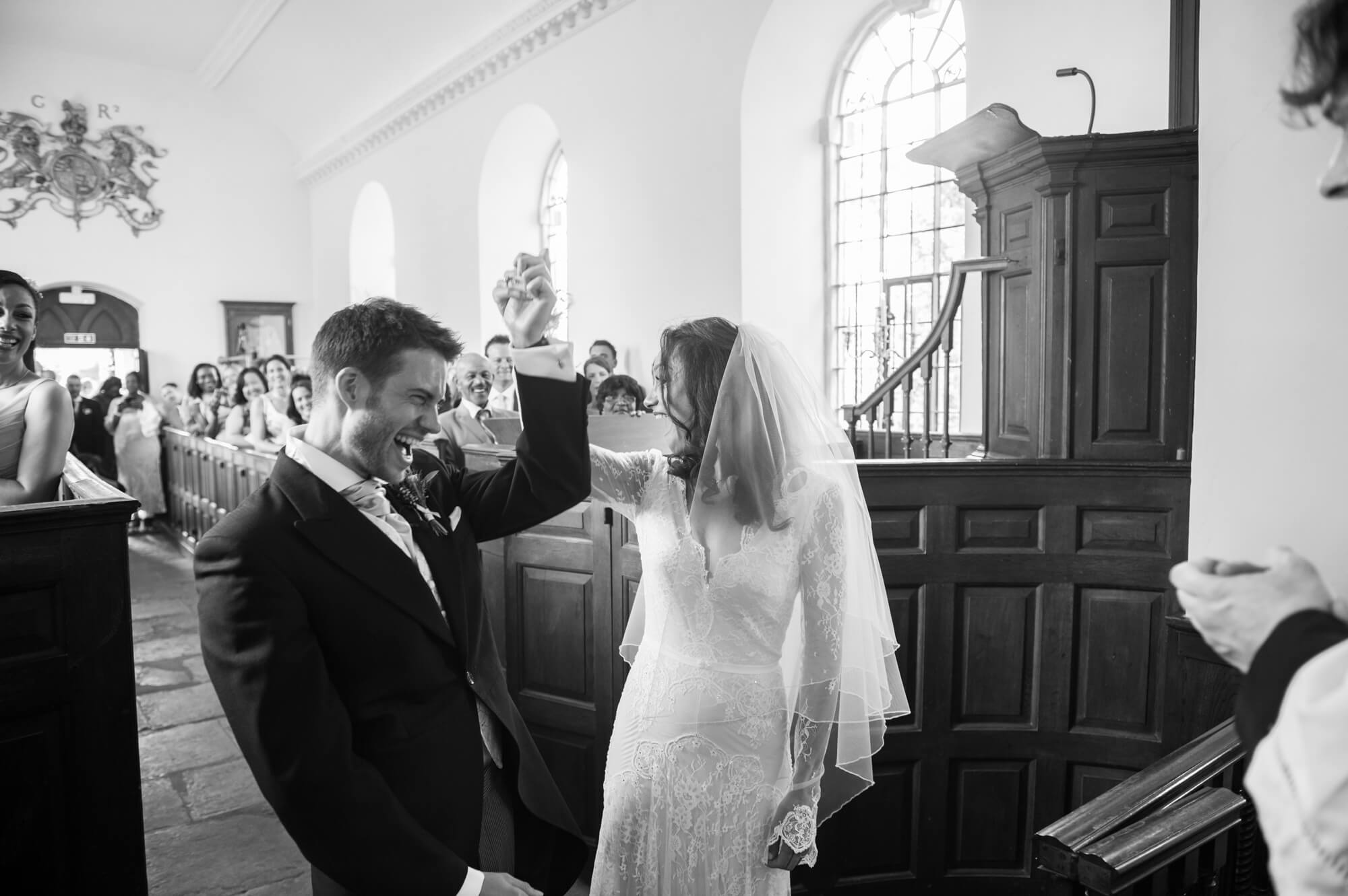 just married celebration in st margarets chapel at babington house wedding somerset