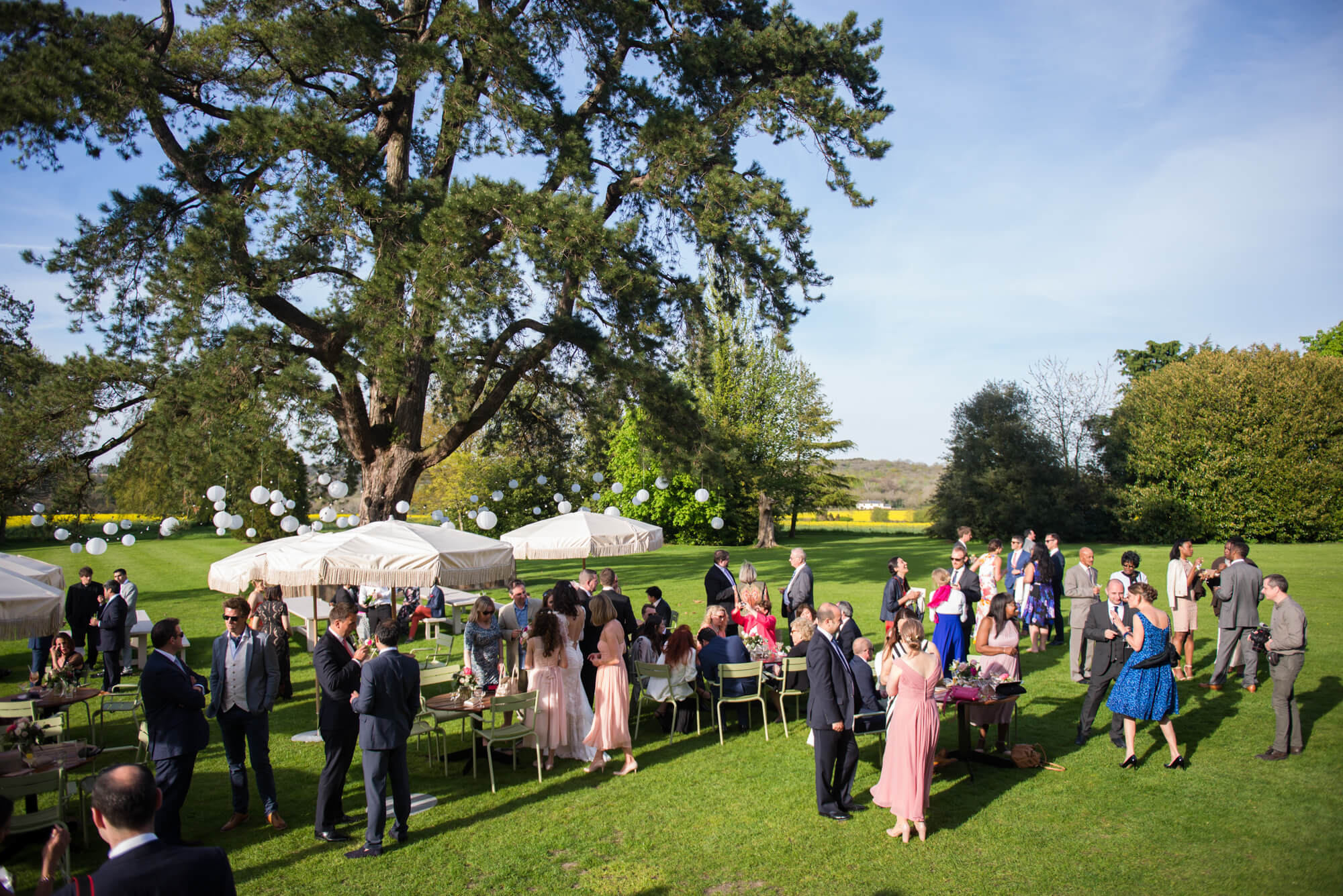 guests enjoying champagne reception on the lawn at babington house wedding