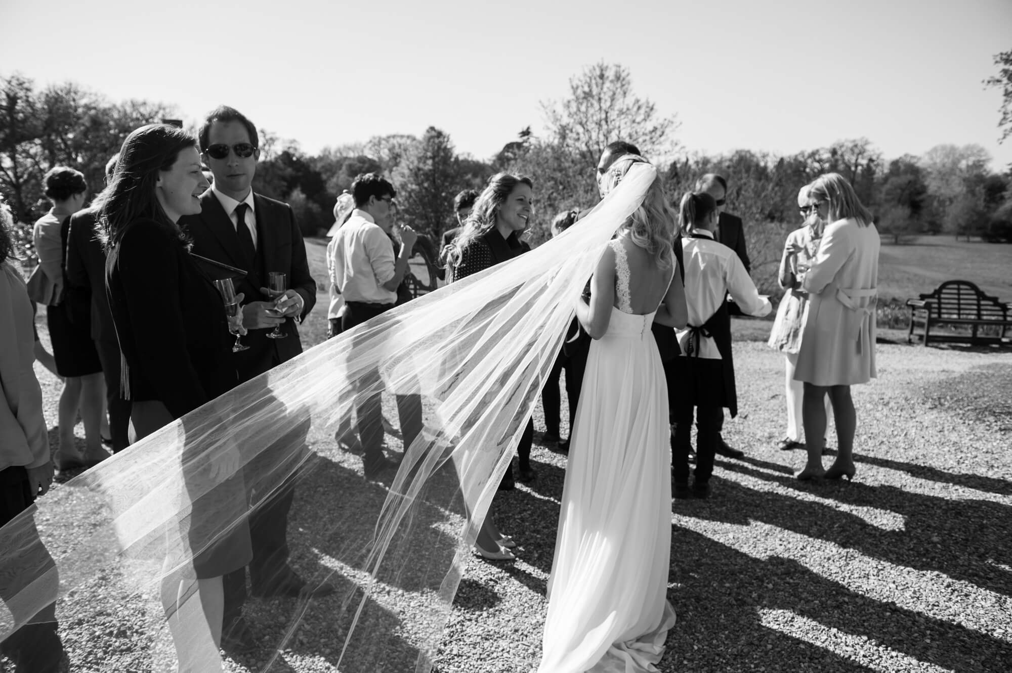 A black and white photograph of a bride's veil blowing in the wind 
